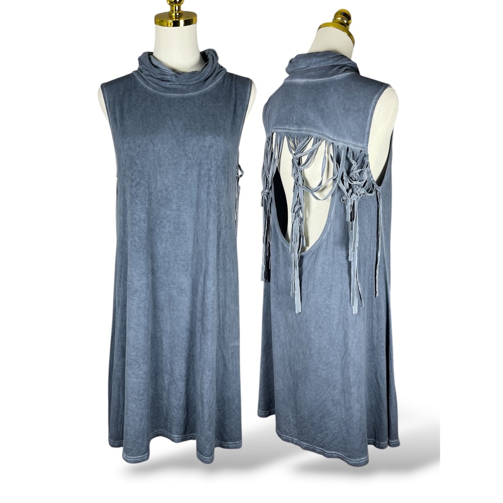 POL Womens Blue Mineral Wash Cowl Neck Fringe Open Back Sleeveless Mini Dress L